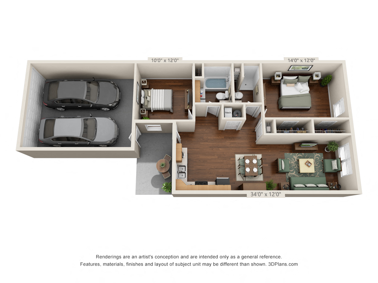 Floor plan for 2 beds, 2 baths, 1002 sqft